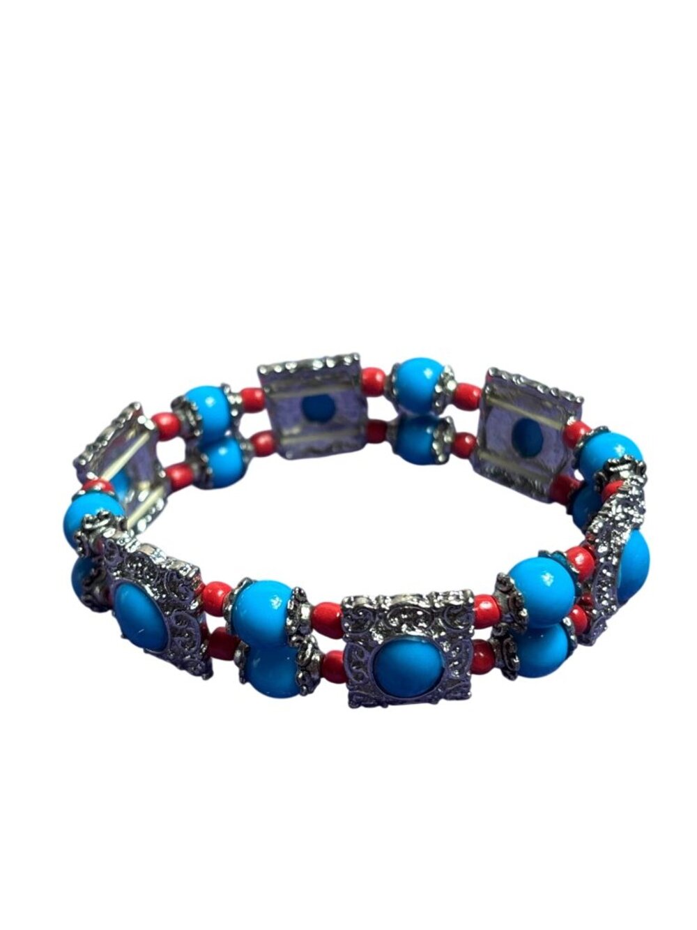 Boho Beaded Stretchy Bracelet Blue Glass Red Seed Beads Silvertone 6.5 inches